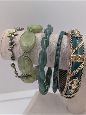 Green Bracelet Lot of 5 – Emerald Olive Faux Jade Enamel Rhinestone 0213